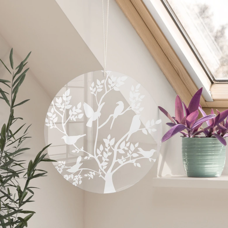 Acrylglasbild, Fensterbild zum Aufhängen Vögel im Baum - Rund 