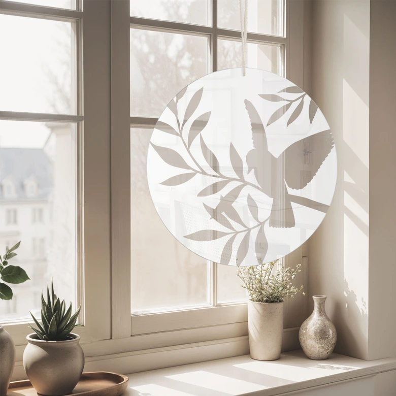 Acrylglasbild, Fensterbild zum Aufhängen Vogel mit Zweigen - Rund 