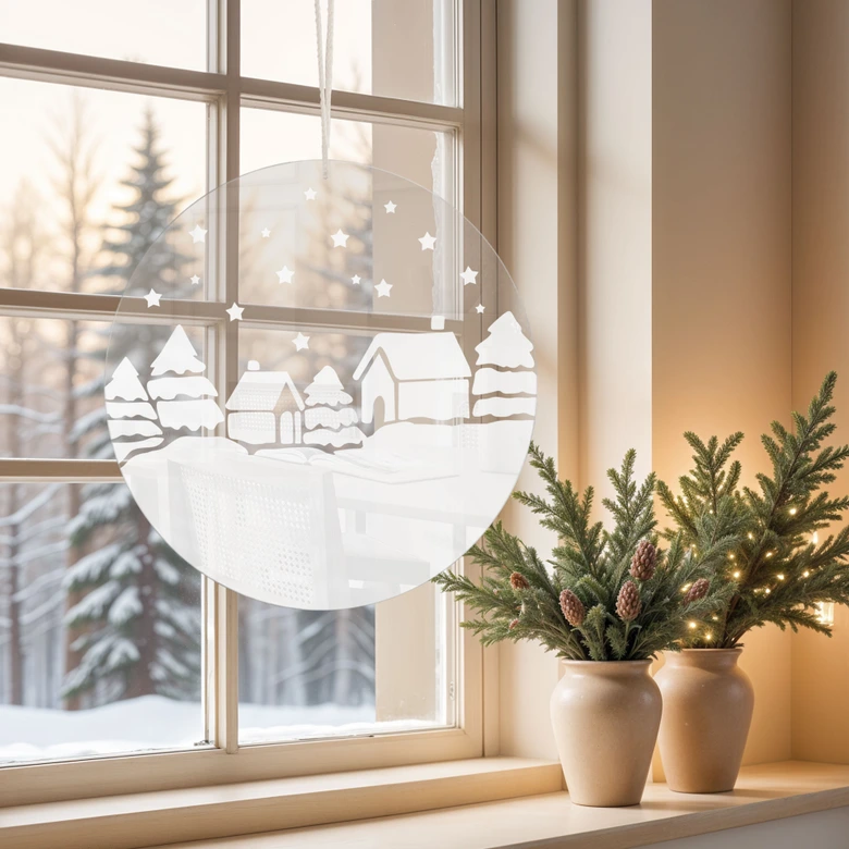 Acrylglasbild, Fensterbild zum Aufhängen Weihnachtliche Landschaft - Rund 