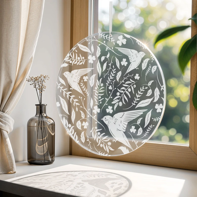 Acrylglasbild, Fensterbild zum Aufhängen Zarte Vögel und Blüten im Frühling - Rund 