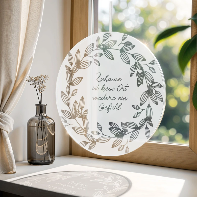 Acrylglasbild, Fensterbild zum Aufhängen Zuhause ist kein Ort sondern ein Gefühl - Rund 