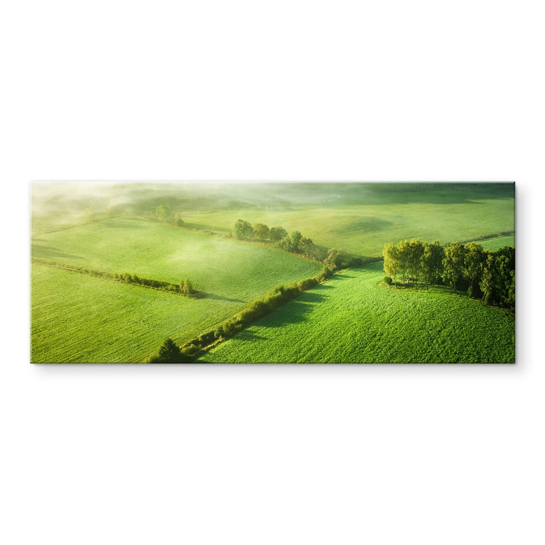 Tableau en verre acrylique Champs idylliques dans le brouillard - cave | motif nature pour salon - panorama 