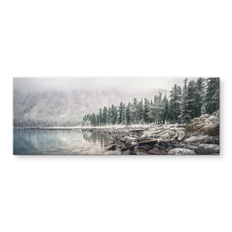 Acrylglasbild Winterwald am See - Rostovskiy - Panorama 