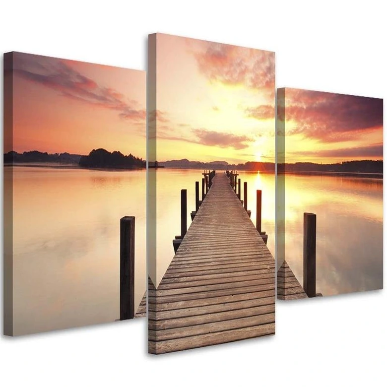 Leinwandbild 3-teilig, Steg See Sonnenuntergang 