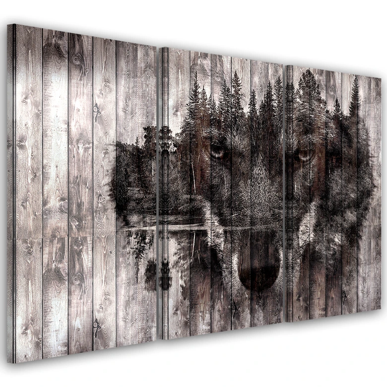 Leinwandbild 3-teilig, Wolf Wald Retro 