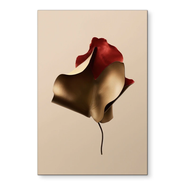 Wandbild Elegantes Blatt in Gold und Rot - Alma - Alu-Dibond 