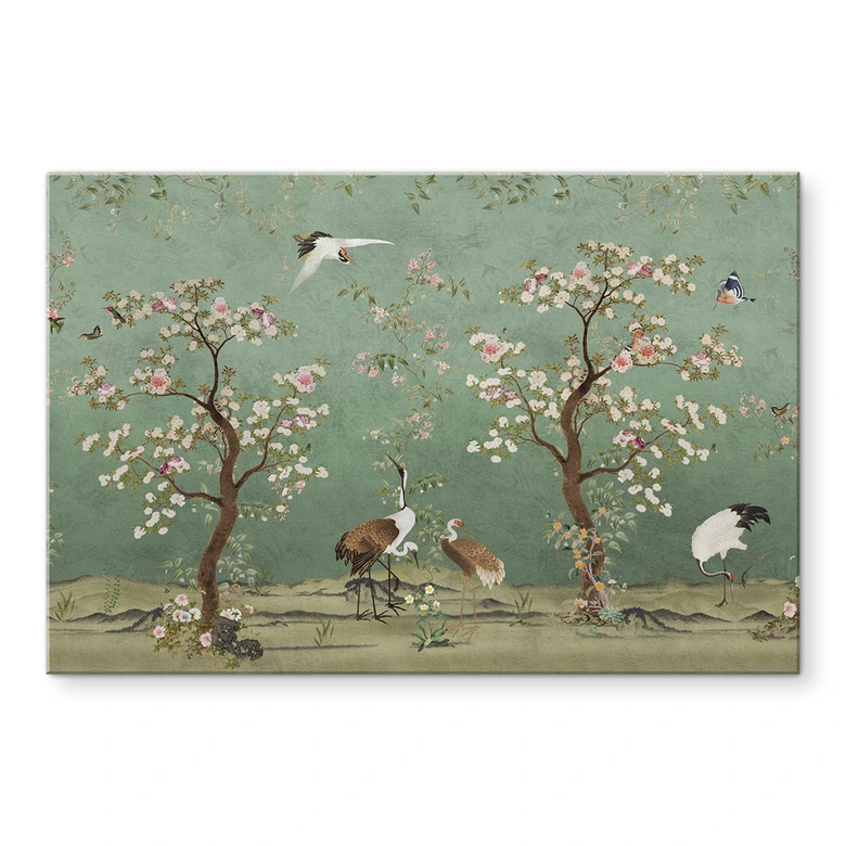 Wandbild Kraniche in floraler Landschaft - Bloomery Decor - Alu-Dibond 