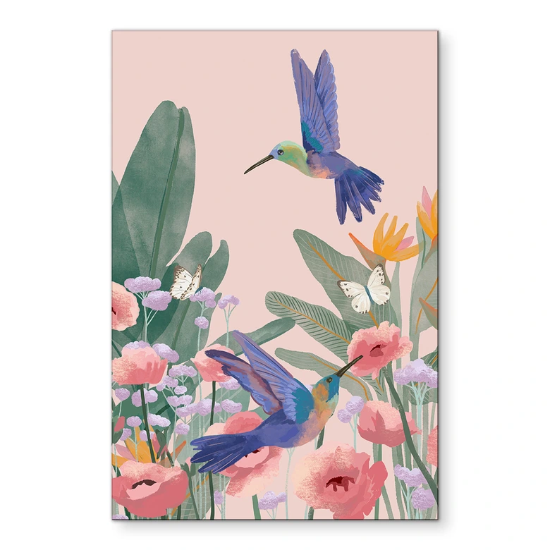 Wandbild Zwei Kolibris auf der bunten Blumenwiese - Goed Blauw - Alu-Dibond 