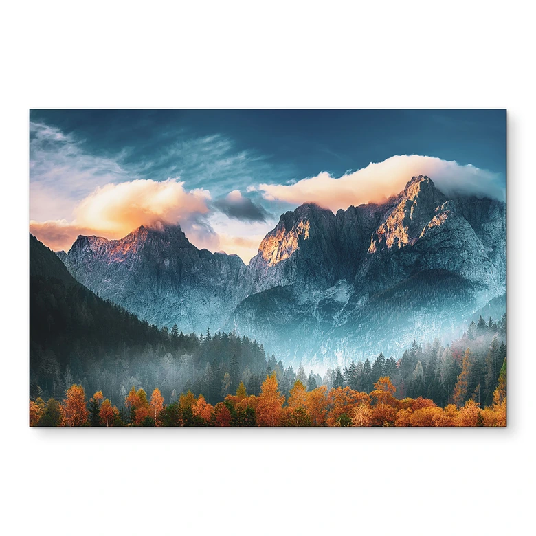 Wandbild Herbstliche Landschaft am Gipfel Triglav in den Julischen Alpen - Alu-Dibond 