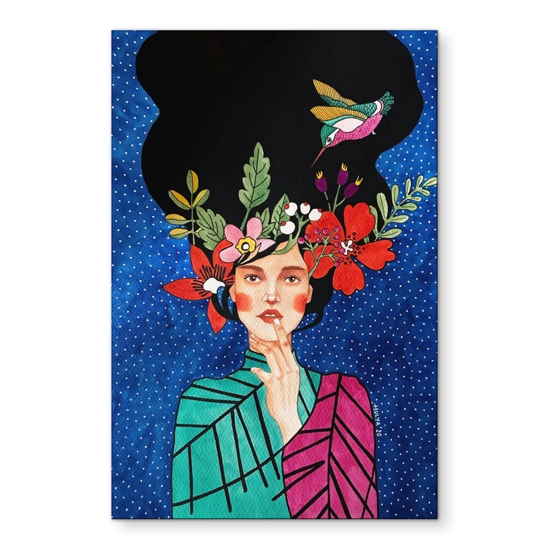 Wandbild Frau mit Kolibri in der Sternennacht - Hülya - Alu-Dibond 