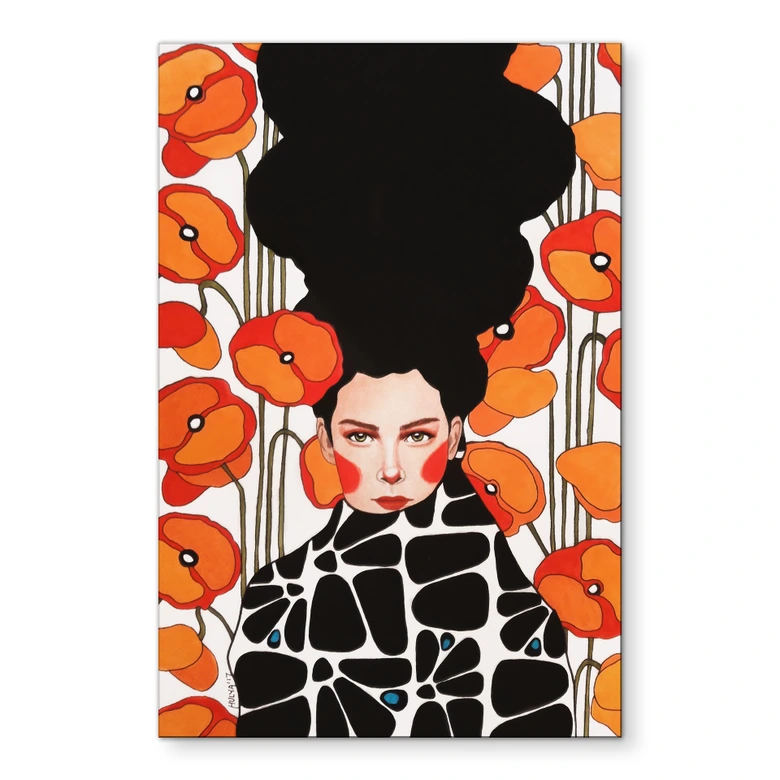 Wandbild Frau mit Retro-Mohnblumen - Hülya - Alu-Dibond 
