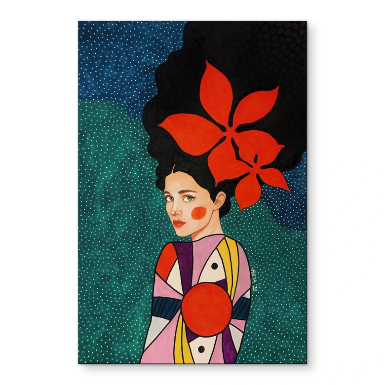 Wandbild Frau mit roten Blüten und Musterkleid - Hülya - Alu-Dibond 