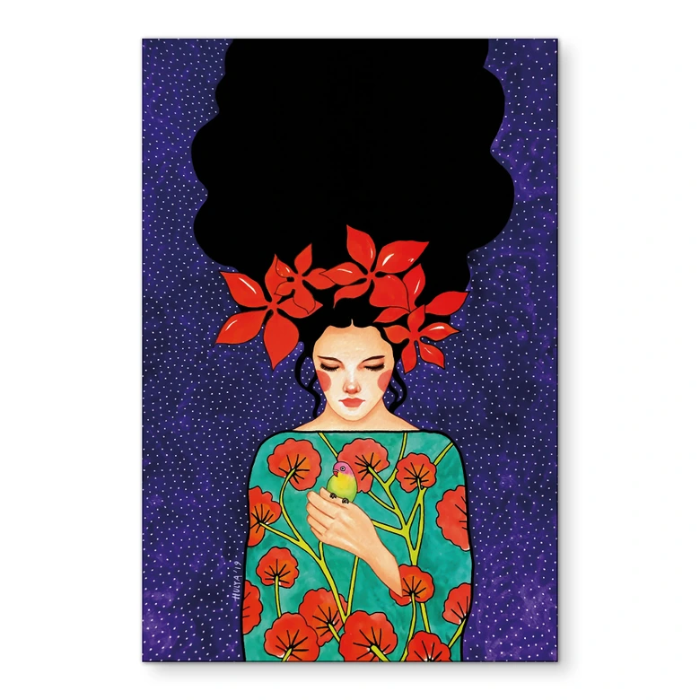 Wandbild Frau mit roter Blütenkrone und Vogel - Hülya - Alu-Dibond 