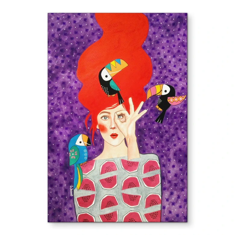 Wandbild Frau mit Tukan-Trio - Hülya - Alu-Dibond 