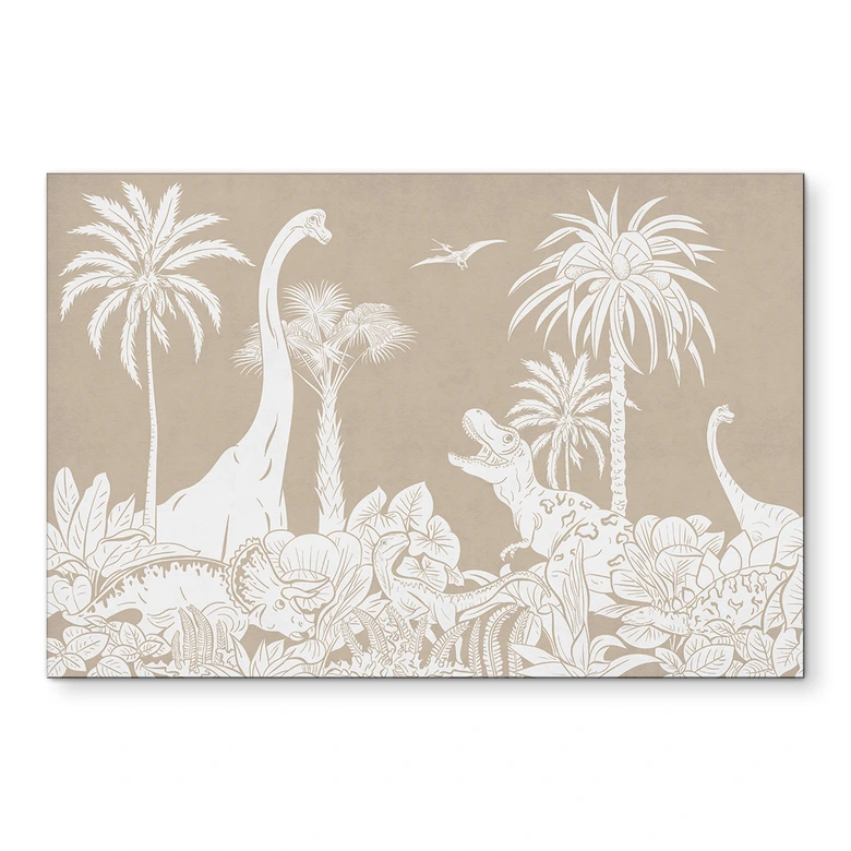 Wandbild Dinosaurier im wilden Dschungel - Braun - Kikki Belle - Alu-Dibond 