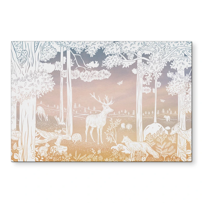 Wandbild Friedlicher Wald mit Hirschen und Füchsen - Ombre - Kikki Belle - Alu-Dibond 