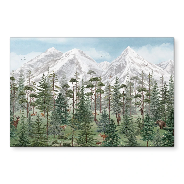 Wandbild Waldtiere im grünen Alpenwald - Kikki Belle - Alu-Dibond 