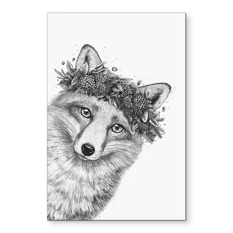 Wandbild Schwarz-weißer Fuchs mit Blumenkranz - Korenkova - Alu-Dibond 