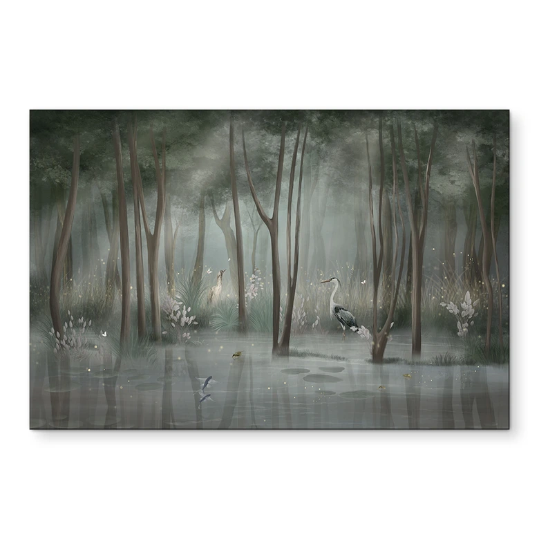 Wandbild Nebelwald am See mit Reiher in Grün - Ms Tiff - Alu-Dibond 