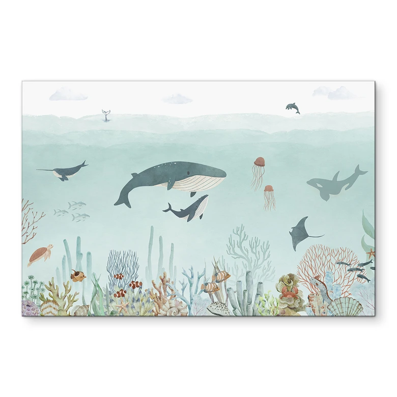 Wandbild Unterwasser-Abenteuer mit Meerestieren - Blau - Oliver Robins - Alu-Dibond 