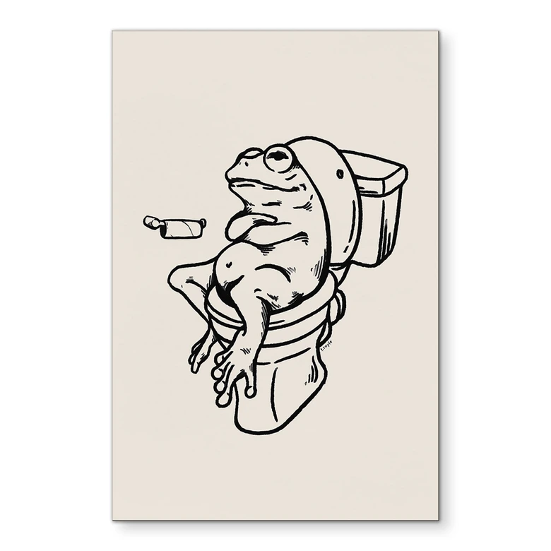 Wandbild Warten auf der Toilette - Humorvolle Frosch-Illustration - Royle - Alu-Dibond 