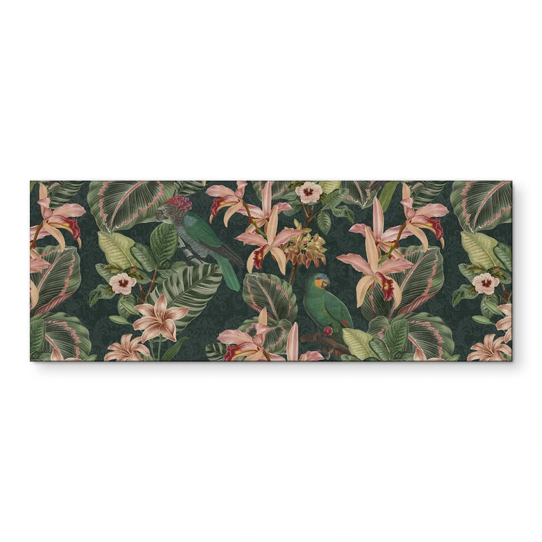Wandbild Dschungel mit Papageien Nachtgrün - Bloomery Decor - Alu-Dibond Panorama 