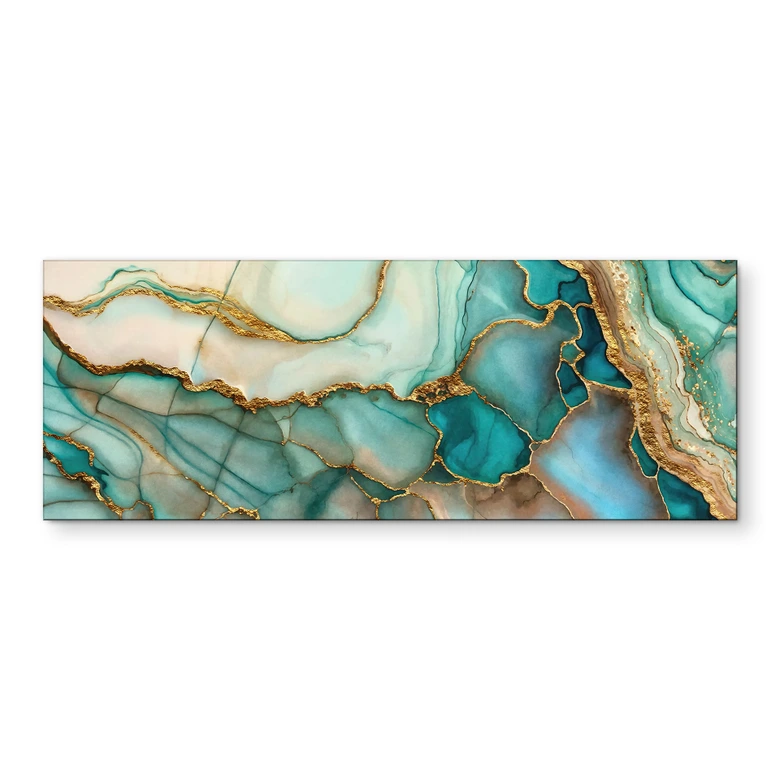 Wandbild Marmorierte Wellen in Türkis und Gold - Haase - Panorama - Alu-Dibond 