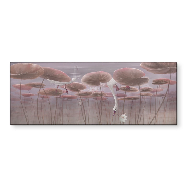 Wandbild Lotusblumen mit Schwan im Wasser in Altrosa - Ms Tiff - Alu-Dibond Panorama 