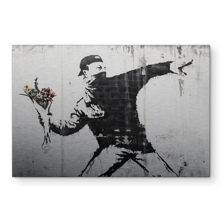 Alu-Dibond mit Silbereffekt Banksy - Der Blumenwerfer 