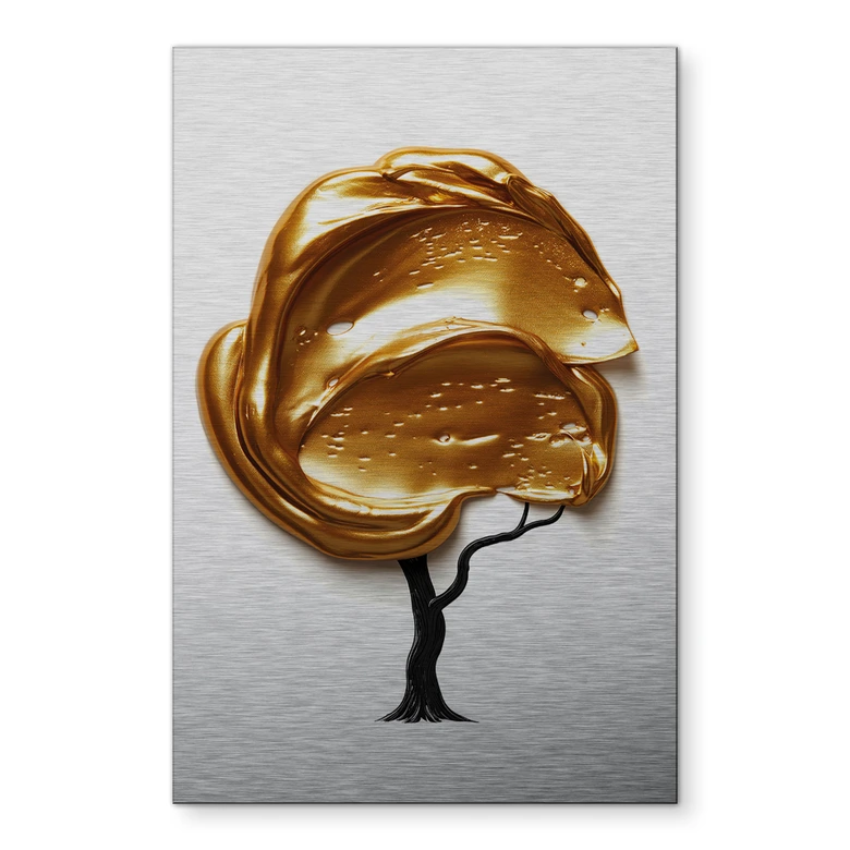 Wandbild mit Silbereffekt Baum mit goldener 3D-Krone - Mielu - Alu-Dibond 