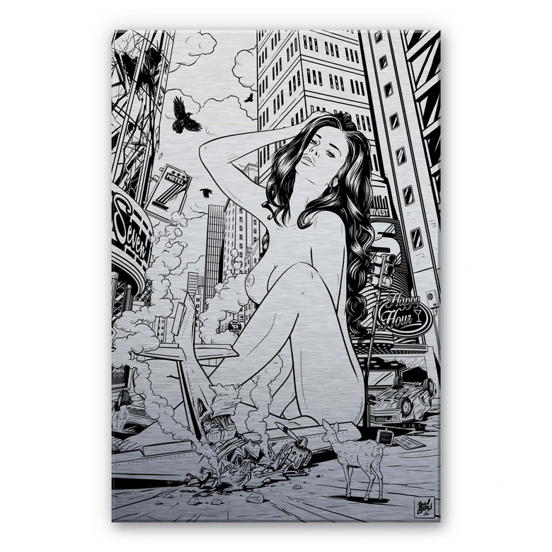 Alu-Dibond-Silbereffekt - Drawstore - Desaster PinUp Plane Crash 