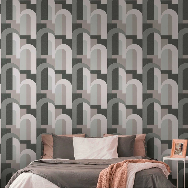 Art deco grafisk tapet grå sort - fleece tapet med retro mønster 