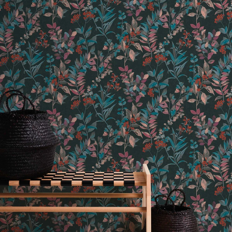 Papier peint floral coloré noir - papier peint aquarelle style floral 