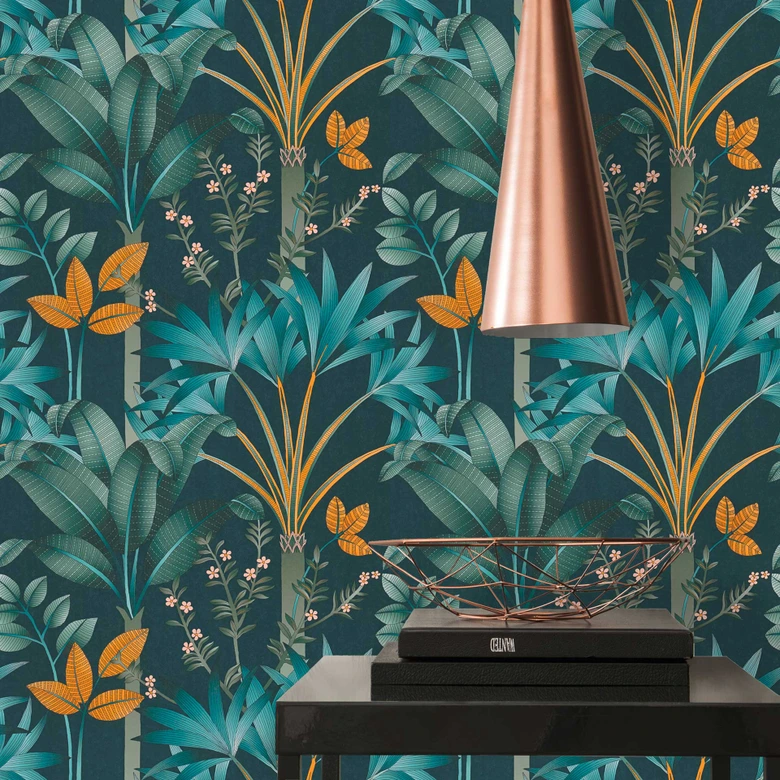 graphic jungle wallpaper blue orange - non-woven wallpaper palm leaves 