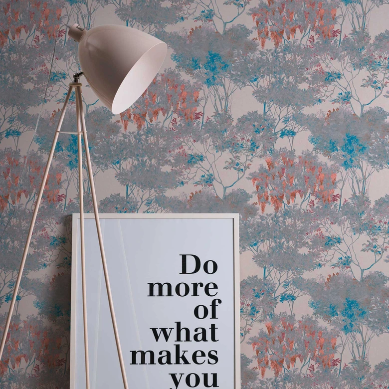 non-woven wallpaper flowers with trees beige grey - watercolour wallpaper red blue 
