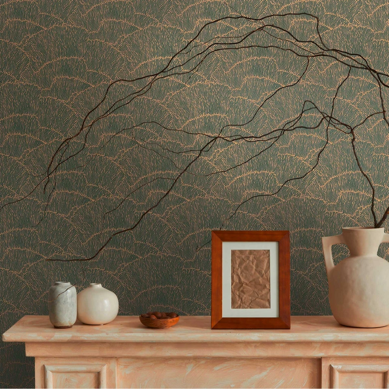 papier peint à motif graphique ondulé or vert - papier peint à effet métallique 