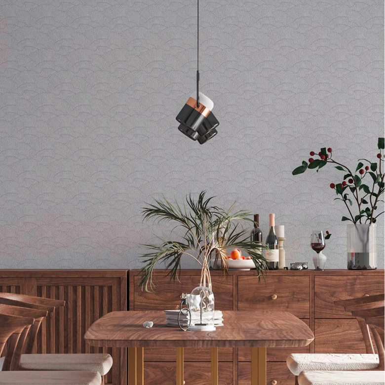 grafisch golfpatroon behang zilver wit - vliesbehang metallic effect 