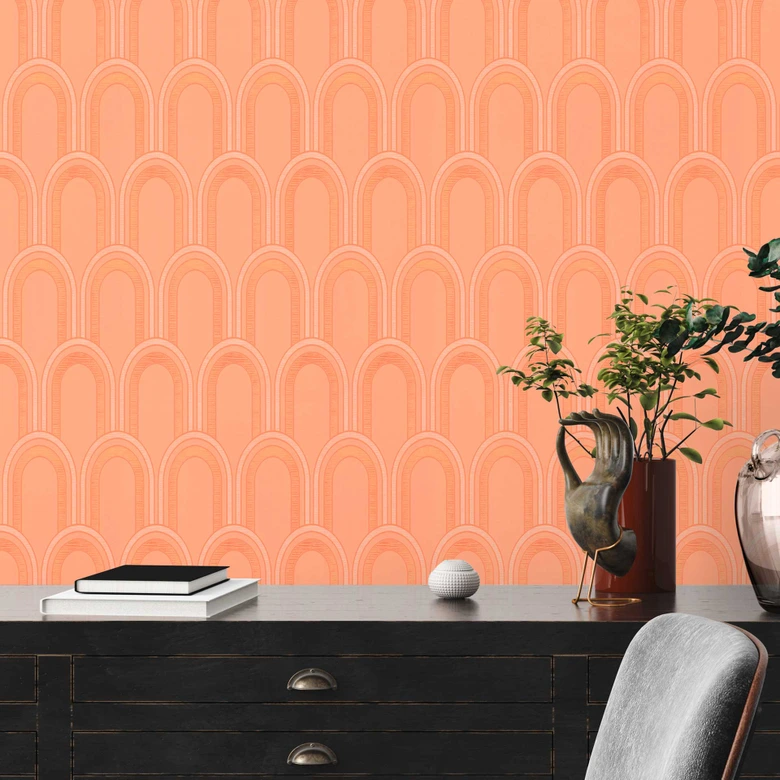 papier peint avec arches style art déco orange blanc - papier peint graphique rétro  