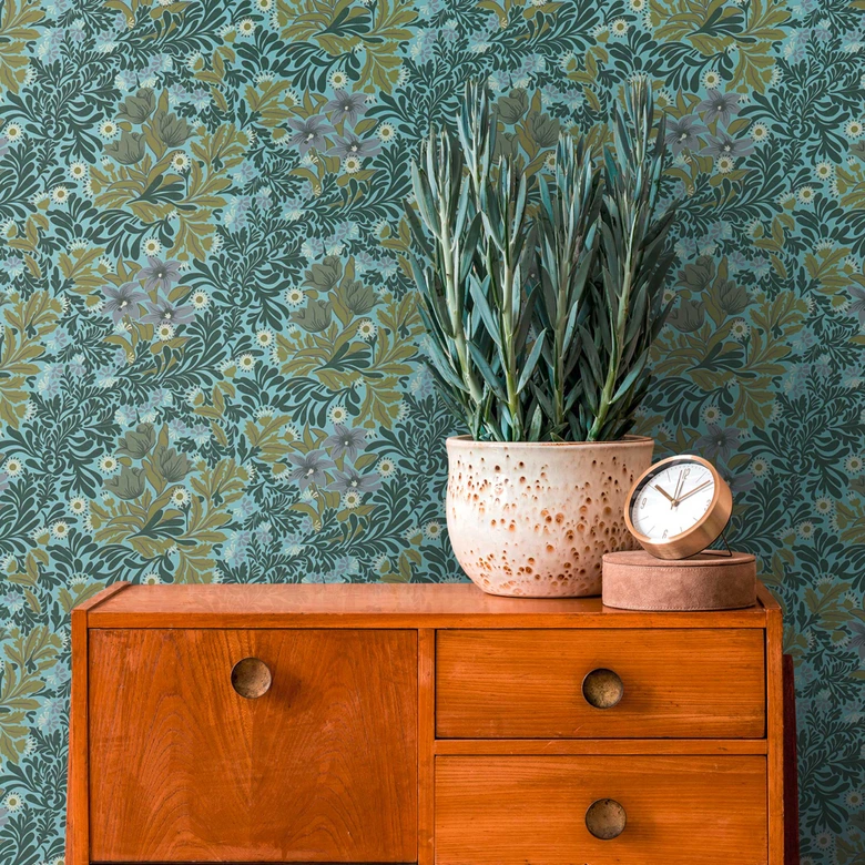 Mustertapete floral Grün Blau - Tapete mit Blumen und Blättern 