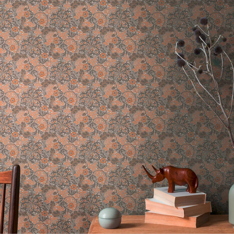 Papier peint avec rinceaux fleuris et fleurs Marron Orange - papier peint intissé floral 
