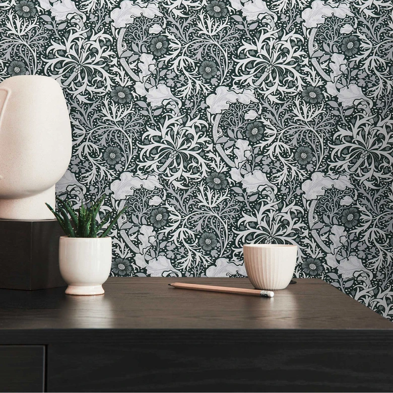 Papier peint avec rinceaux fleuris et fleurs noir et blanc - papier peint intissé floral 