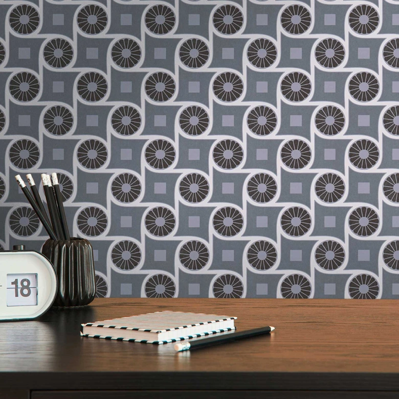 Papier peint graphique avec motif circulaire Noir Blanc - papier peint intissé style rétro 