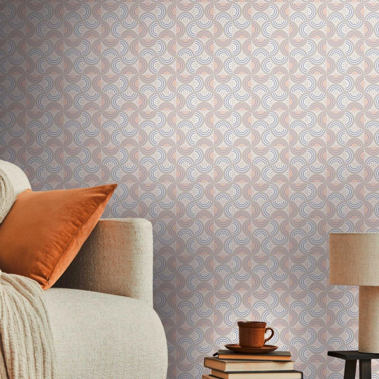 Papier peint avec vagues et lignes crème bleu - papier peint graphique intissé rétro 