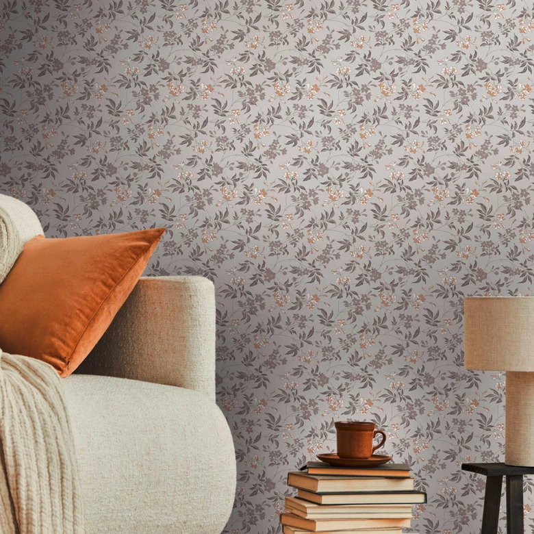 Papier peint fleuri avec fleurs Gris Marron - papier peint à motifs floraux moderne - papier peint intissé floral 