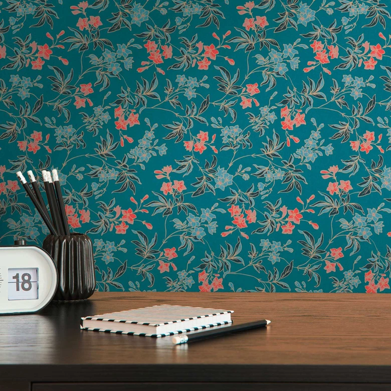 Papier peint fleuri avec fleurs rouge bleu - papier peint à motifs floraux moderne - papier peint intissé floral 