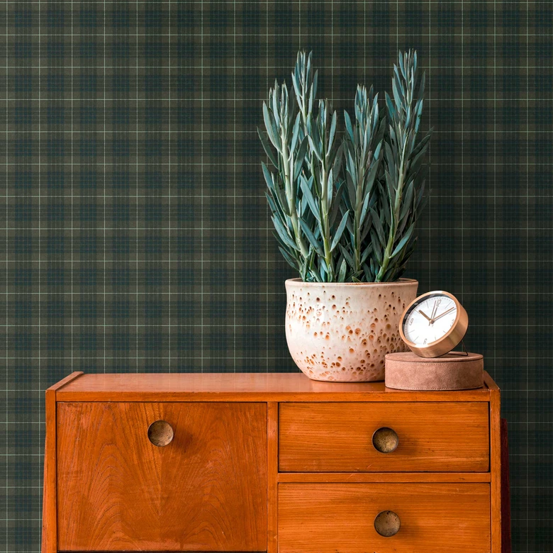 Vintage Karo-Tapete Schwarz Grün - Retro-Mustertapete karriert - Vliestapete modern 