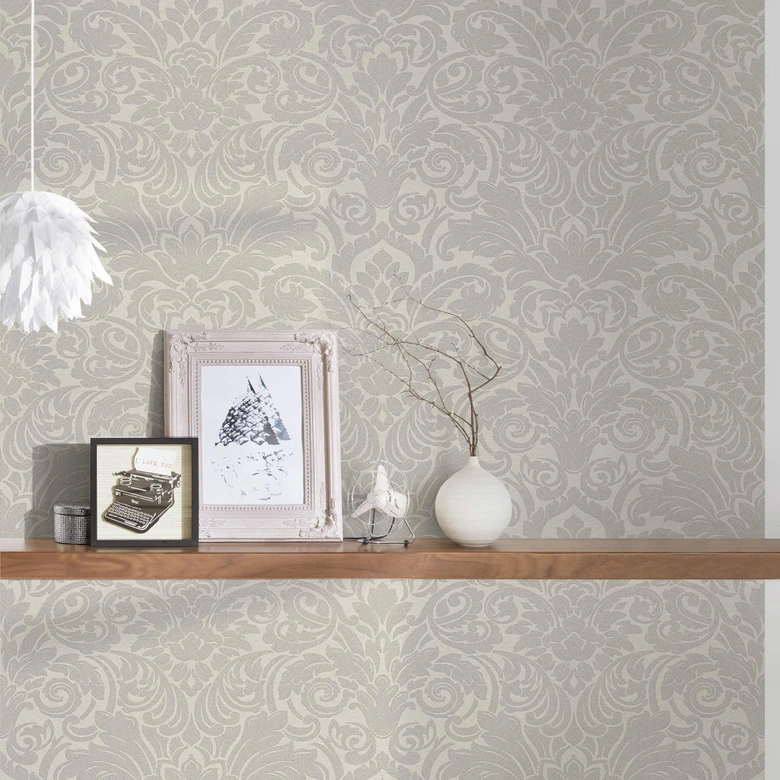 Baroque style wallpaper with glass beads ornamental wallpaper in silver and cream non-woven wallpaper 
