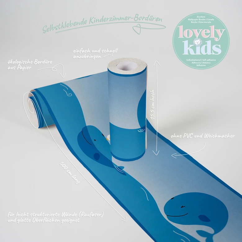 Lovely Kids selbstklebende Kinderzimmer Bordüre Ocean Friends mit süßen Walen und Möwen 