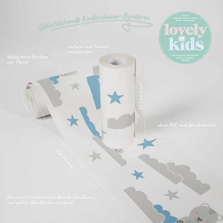 Lovely Kids selbstklebende Kinderzimmer Bordüre Dreamy Bears mit süßen Bären, Wolken und Sternen 