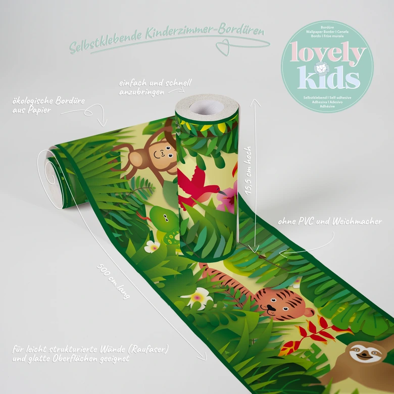 Lovely Kids selbstklebende Kinderzimmer Bordüre Jungle Friends mit süßen Dschungel-Tieren 
